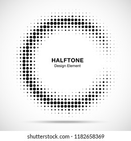 Halftone circular frame background. Circle border Icon using halftone circle dots raster texture. Half moon. Logo emblem design element for medical, treatment, cosmetic. Vector illustration.