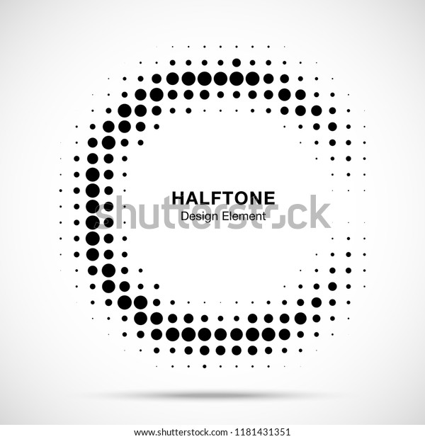 Halftone circular frame background.\
Circle border Icon using halftone circle dots raster texture. Half\
moon. Logo emblem design element for medical, treatment, cosmetic.\
Vector\
illustration.\
