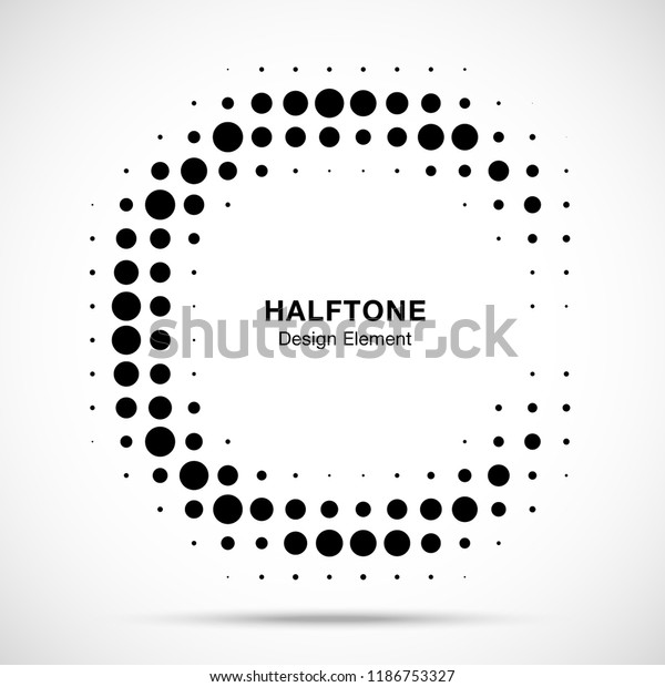 Halftone circular frame background. Circle\
border Icon using halftone circle dots raster texture. Half moon.\
Logo emblem design element for medical, treatment, cosmetic. Vector\
illustration.
