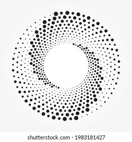 Halftone circular frame logo. Halftone circle with dots isolated on the white background. Fabric pattern, texture, object. Dotted vector design element.
