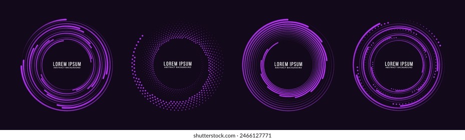 Halftone circular purple frames. Technological ring with dots. Halftone circle dotted logo circularly distributed.