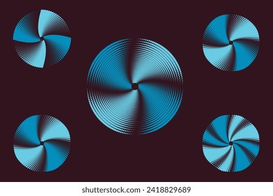 Halftone circular spiral logo set. Circular dotted isolated on the Derk background 
