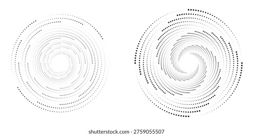 Halftone circular spiral logo set. Circular dotted isolated on the white background. Halftone fabric design.Halftone circle dots texture. Vector design element for various purposes.