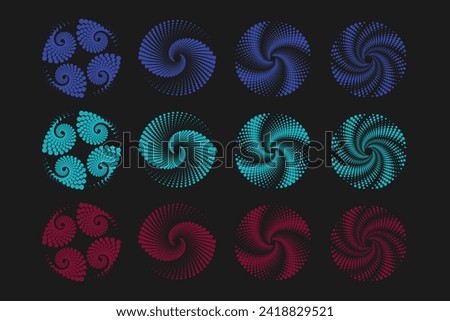 Halftone circular spiral logo set. Circular dotted isolated on the Derk background 