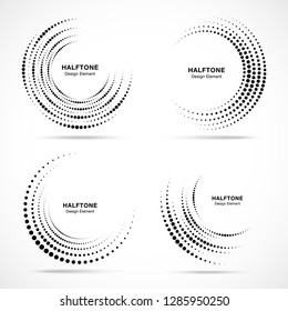 Halftone circular vortex dotted frame set. Circle swirl dots isolated on white background. Logo design element for technology, medical, treatment. Round border using halftone circle dots texture. 