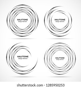 Halftone circular vortex dotted frame set. Circle swirl dots isolated on white background. Logo design element for technology, medical, treatment. Round border using halftone circle dots texture. 