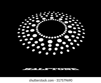 Halftone circular white dots abstract logo design vector illustration on a black background
