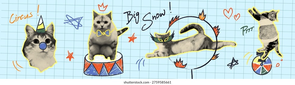 Halftone circus doodle cats on grid background. Vector realistic illustration of funny pets playing with hand drawn clown nose, jumping through a ring of fire, cute pet meme art, collage stickers