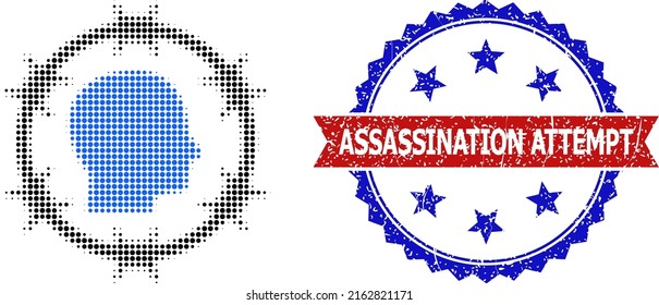 Halftone citizen jail icon, and bicolor scratched Assassination Attempt seal. Halftone citizen jail icon is generated with small circle elements. Vector seal with retro bicolored style,