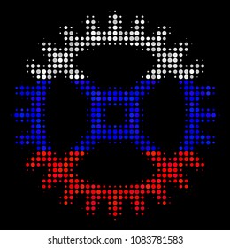 Halftone Clock Gear icon colored in Russia official flag colors on a dark background. Vector composition of clock gear icon created from spheric blots.