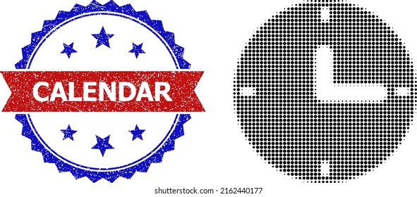Icono de reloj de semitono y marca de agua del Calendario de color gris bicolor. El icono de reloj de semitono se genera con pequeños elementos esféricos. Marca de agua vectorial con estilo bibicoloroso,