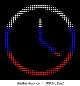 Halftone Clock icon colored in Russia state flag colors on a dark background. Vector composition of clock icon formed from circle elements. Designed for political and Russian patriotic agitprop.