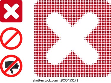 Halftone close button. Dotted close button constructed with small circle pixels. Vector illustration of close button icon on a white background. Halftone pattern contains circle points.
