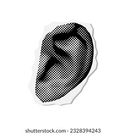 Halftone Close Up Human Ear. Isolated Part Of Body. Realistic dotted vector illustration.