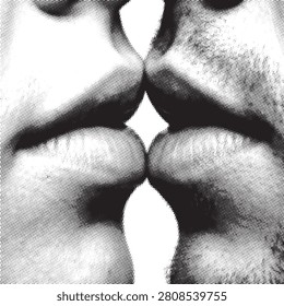 Halftone close-up of two lips about to kiss in dramatic lighting