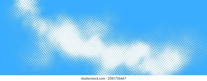 Halftone cloud background. White dotted clouds in blue sky. Comic pop art heaven wallpaper for banner, collage, poster, leaflet, brochure. Rasterized smoke, smog or fog texture. Vector illustration