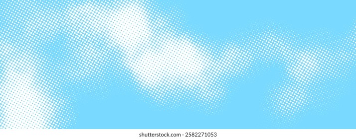 Halftone cloud background. White dotted clouds in blue sky. Comic pop art heaven wallpaper for banner, brochure, collage, poster, leaflet. Rasterized smoke, smog or fog texture. Vector illustration