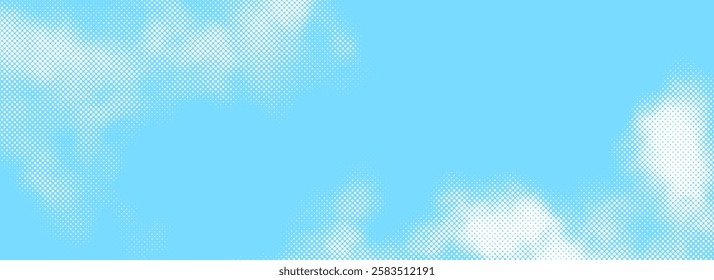 Halftone cloud background. White dotted clouds in blue sky. Pop art heaven wallpaper for banner, brochure, collage, poster, leaflet. Rasterized smoke, smog or fog texture. Vector illustration