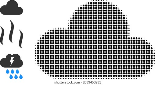 Halftone cloud. Dotted cloud made with small circle pixels. Vector illustration of cloud icon on a white background. Halftone array contains circle dots.