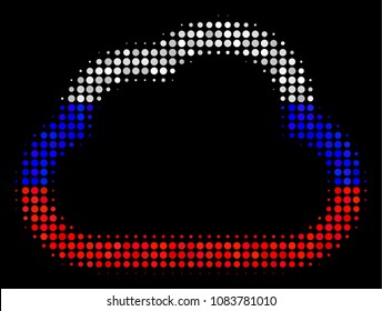 Halftone Cloud icon colored in Russia state flag colors on a dark background. Vector concept of cloud icon constructed from spheric items. Designed for political and Russian patriotic agitprop.
