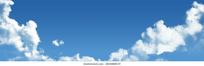 Halftone Cloud on Blue Gradient Sky. Vector Retro Dot Pop Art Pattern. Abstract White Half Tone Dotted Effect Clouds. Summer Sky Manga Book. Anime Pixel Background.