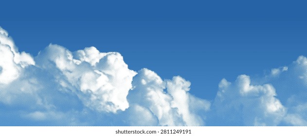Halftone Cloud on Blue Sky. Vector Retro Summer Pattern with Dots. Pop Art Halftone Effect Clouds. Abstract Manga Book Anime Background.
