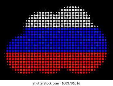Halftone Cloud pictogram colored in Russian state flag colors on a dark background. Vector pattern of cloud icon done from circle dots. Designed for political and Russian patriotic doctrines.