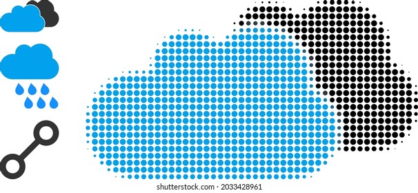 Halftone clouds. Dotted clouds designed with small round elements. Vector illustration of clouds icon on a white background. Halftone array contains circle elements.