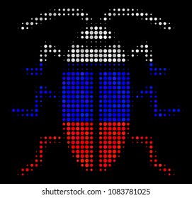 Halftone Cockroach pictogram colored in Russian official flag colors on a dark background. Vector pattern of cockroach icon formed of spheric dots.