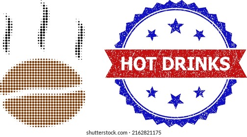 Halftone coffee aroma icon, and bicolor grunge Hot Drinks seal. Halftone coffee aroma icon is constructed with small spheric items. Vector watermark with grunge bicolored style,