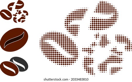 Halftone coffee bean crush. Dotted coffee bean crush made with small round elements. Vector illustration of coffee bean crush icon on a white background. Halftone pattern contains round elements.