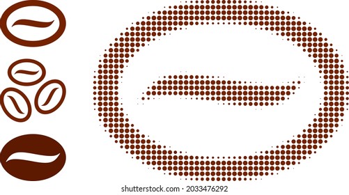 Halftone coffee bean. Dotted coffee bean constructed with small round dots. Vector illustration of coffee bean icon on a white background. Halftone pattern contains circle dots.
