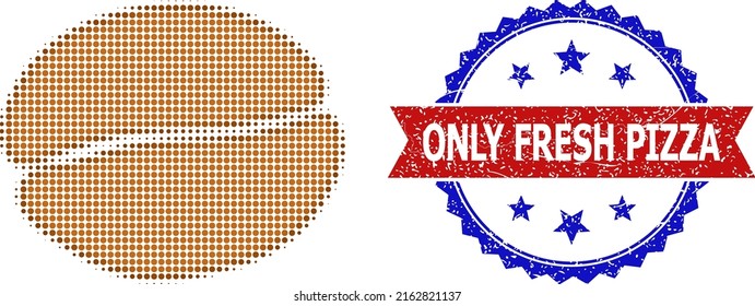 Halftone coffee bean icon, and bicolor unclean Only Fresh Pizza seal. Halftone coffee bean icon is designed with small round dots. Vector seal with retro bicolored style,