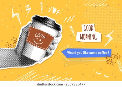 Halftone coffee cup. Realistic paper cup in hand vintage paper grunge poster, caffeine drink take away mug coffe break time concept cafe shop advertising exact vector illustration original artwork