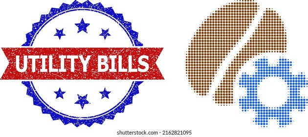 Halftone coffee options icon, and bicolor textured Utility Bills seal. Halftone coffee options icon is made with small spheric elements. Vector seal with unclean bicolored style,