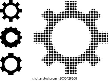 Halftone cog. Dotted-Cog mit kleinen runden Pixeln. Vektorgrafik von Cog Symbol auf weißem Hintergrund. Halftone-Array enthält runde Elemente.