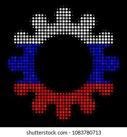 Halftone Cog icon colored in Russia official flag colors on a dark background. Vector mosaic of cog icon designed with spheric elements. Designed for political and Russian patriotic applications.