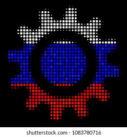Halftone Cog icon colored in Russian state flag colors on a dark background. Vector mosaic of cog icon constructed with circle dots. Designed for political and Russian patriotic agitation.
