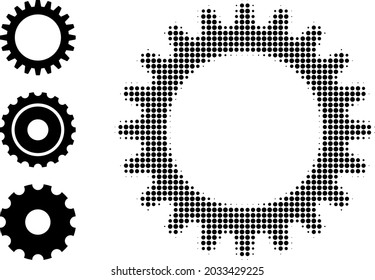 Halftone cogwheel. Dotted cogwheel constructed with small round points. Vector illustration of cogwheel icon on a white background. Halftone array contains round pixels.