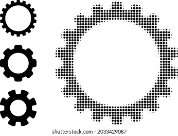 Halftone cogwheel. Dotted cogwheel generated with small circle points. Vector illustration of cogwheel icon on a white background. Halftone pattern contains circle elements.