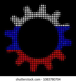 Halftone Cogwheel icon colored in Russia official flag colors on a dark background. Vector composition of cogwheel icon composed from spheric blots.