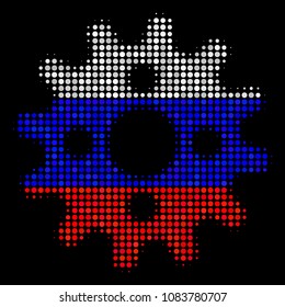 Halftone Cogwheel pictogram colored in Russia official flag colors on a dark background. Vector collage of cogwheel icon done of circle blots.
