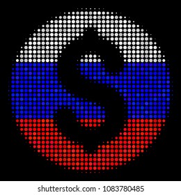 Halftone Coin icon colored in Russian official flag colors on a dark background. Vector concept of coin icon designed of circle elements. Designed for political and Russian patriotic agitprop.