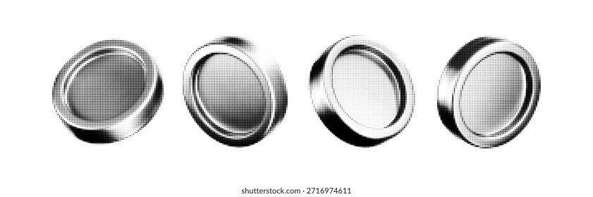 Monedas de medio tono con una textura de collage punteado, aisladas sobre un fondo blanco. Conjunto de dinero con gradación granulada de puntos efecto blanco y negro en estilo cómico. Token de juego retro. Vector de semitono 3D