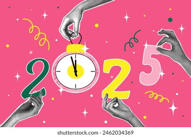 Half-tone collage. 2025 Concept of holiday, fun. Human hands holding numbers of the year, Christmas tree toy with dial. Vector illustration for greeting card, invitation, web banner