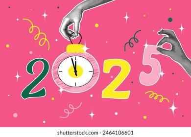 Half-tone collage. 2025 Concept of holiday, fun. Human hand holding number 5 and Christmas tree toy with dial. Vector illustration for greeting card, invitation, web banner, social media banner