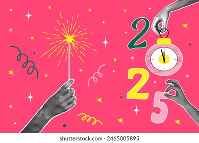 Half-tone collage. 2025 Concept of holiday, fun. Human hand holding Christmas tree toy with dial, bengal lights. Vector illustration for greeting card, invitation, web banner, social media 