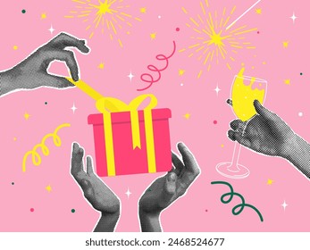 Half-tone collage. 2025 Concept of holiday, fun. Human hands holding gift box, wine glass. Vector illustration for greeting card, invitation, web banner, social media banner. Vector illustration