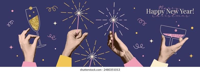 Collage de semitonos para la celebración del año Nuevo 2025. Concepto de fiesta con champán y chispas. Manos de papel con efecto fotográfico retro. Ilustración vectorial para tarjeta de felicitación, invitación, Anuncio