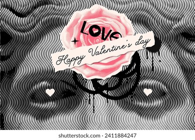 Halftone collage with antique statue in punk grunge style. Modern vector poster with paper torn out elements - rose, love note, graffiti brush strokes. Concept of relationship, romance, valentine day